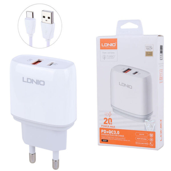 شارژر دیواری 20W الدینیو مدل Ldnio Q229 به همراه کابل تبدیل Type-C