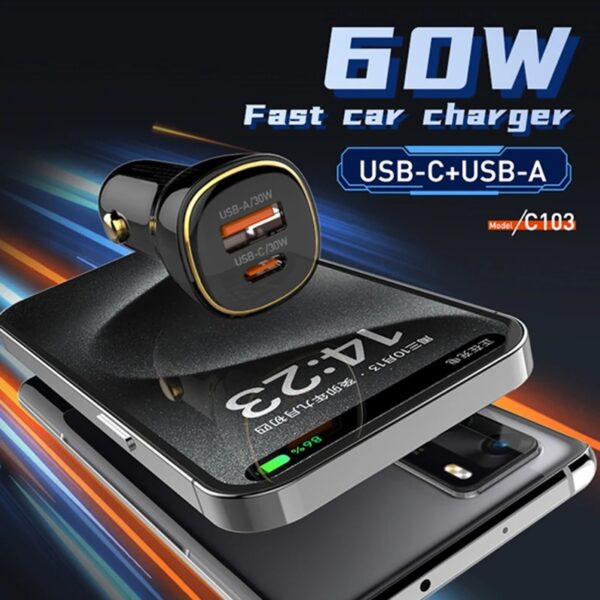 شارژر فندکی 60 وات الدینیو مدل LDNIO C103 به همراه کابل USB-C