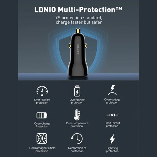 شارژر فندکی 60 وات الدینیو مدل LDNIO C103 به همراه کابل USB-C